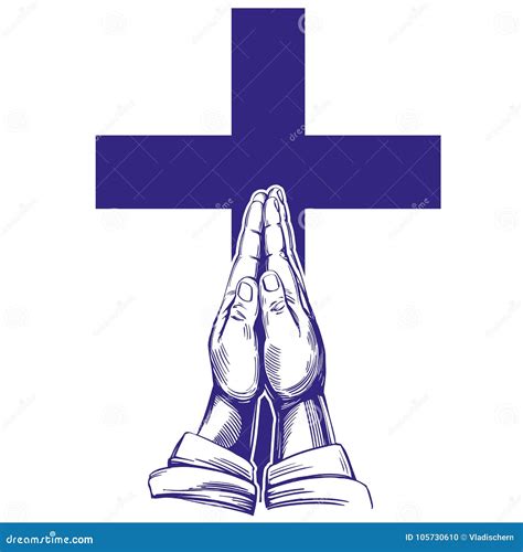 Praying Hands , Cross, Symbol of Christianity Hand Drawn Vector ...