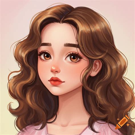 Cartoon style portrait of a girl with long wavy brown hair and brown ...