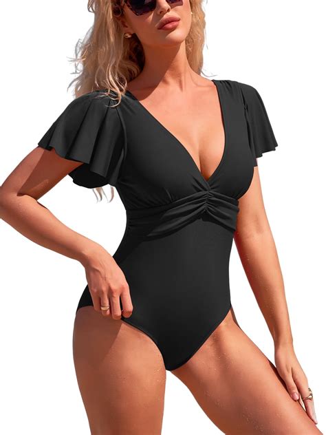Charmo Ruched One Piece Swimsuits for Womens Cut Out Ruffle Bathing ...