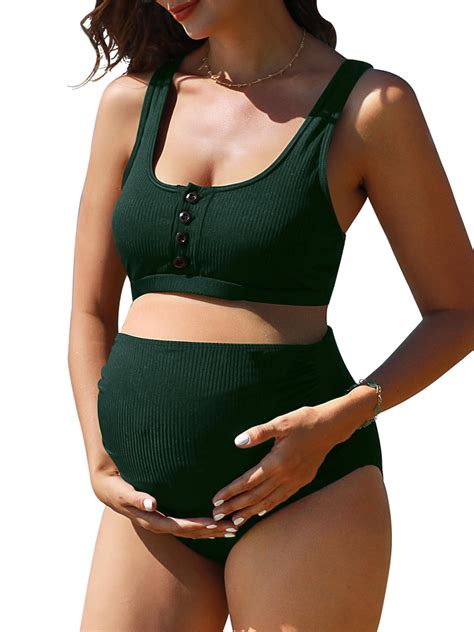 Summer Mae Maternity Ribbed High Waist Swimsuit Crop Top Bikini Bathing ...