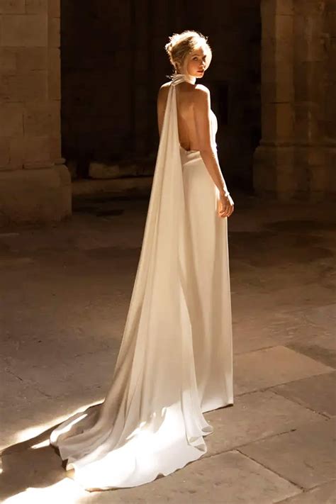 Halter Top Simple Wedding Long Dress/v Low Back Hollywood Style Detachable Scarf Bridal Dress ...