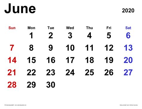 June 2020 Calendar | Templates for PDF, Excel and Word