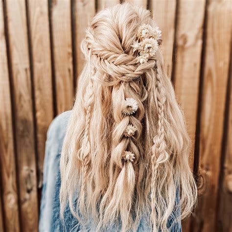 Boho half up half down with loose waves, braids and twists | Boho ...