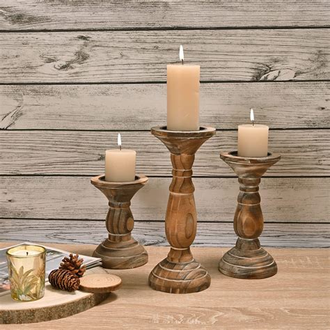 Amazon.com: Rustic Wooden Pillar Candle Holders Set of 3, 12'' 9'' 6 ...