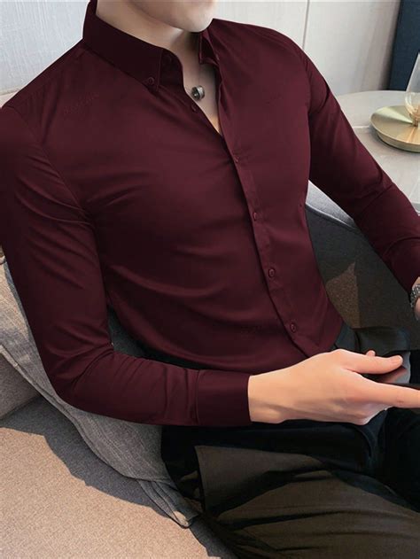 Men Solid Button Up Shirt in 2025 | Formal shirts for men, Mens red ...
