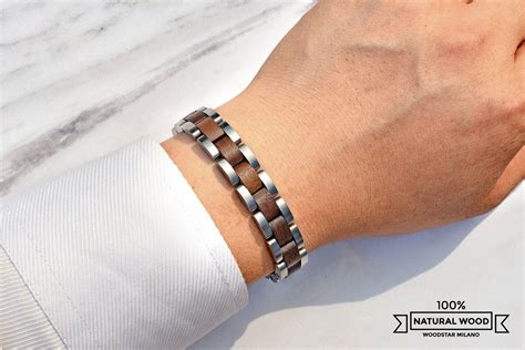 Bracciale da Uomo in Acciaio e Legno, Bracciali a maglie, Regali per ...