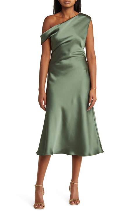 Amsale One-shoulder Satin Midi Dress in Green | Lyst