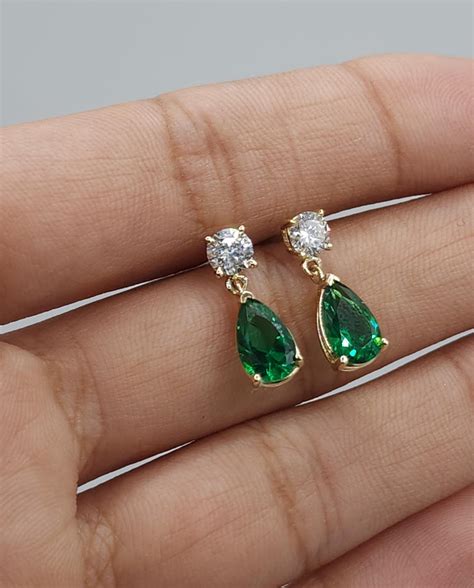 14K Gold Emerald Earrings, Emerald Diamond Earrings, Lab Grown Diamond ...