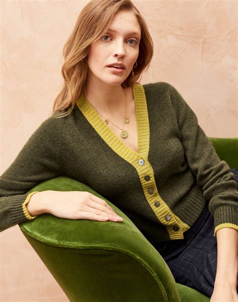 Scottish Cashmere Contrast Trim Cardigan in Sorrel | Brora