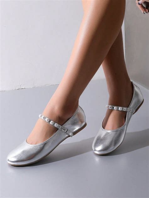 Glamorous Silver Mary Jane Shoes For Women, Faux Pearl Decor Flats ...