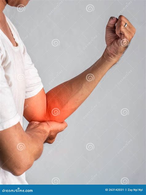 Pain in the Elbow Joint of Asian Young Man. Concept of Elbow Pain, Injury, Rheumatism or ...