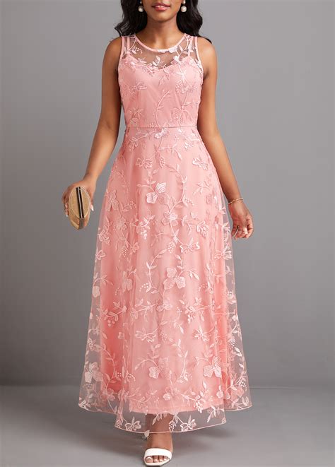 Sleeveless Lace Pink Round Neck Maxi Dress | Rosewe.com - USD $48.98