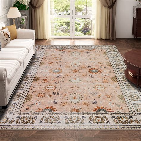 BRICHOEE Large Vintage Washable Rug 8x10 Blush Low-Pile Indoor Floral ...