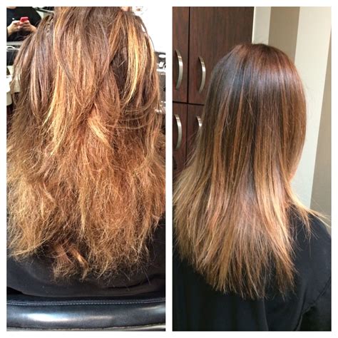 Before and after split end repair by Brazilian blowout # ...