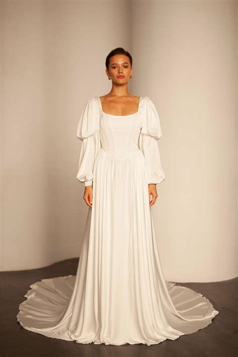 Square Neck Satin Wedding Dress A Line Long Puff Sleeve | Etsy UK