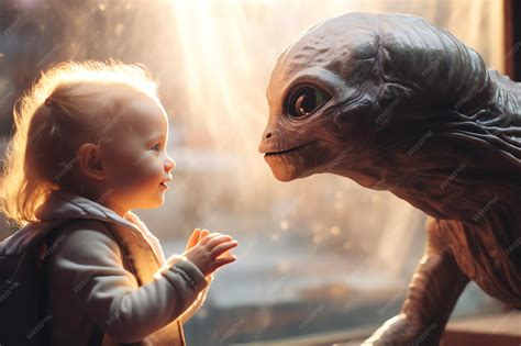 Premium AI Image | Baby alien girl discovering a friendly alien creature sci fi illustration for ...