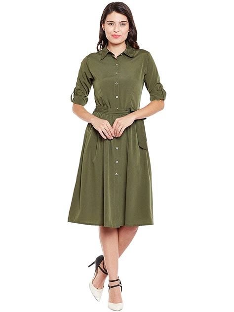 Wisstler Womens Olive Green Poly Crepe Shirt Dress with Belt | Olive ...