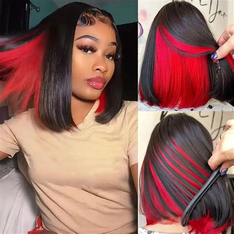 Bob-Wigs-for-Women-Red-Peekaboo-Wig-Synthetic-Hair-Straight-Bob-Wig ...