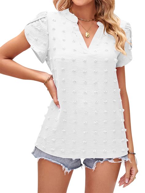 TEMOFON Womens White Blouse V Neck Ruffle Sleeve Flowy Shirts Dressy ...