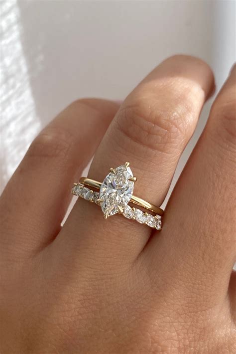 Marquise Diamond Engagement Ring Yellow Gold Wedding Band Ring Stack ...