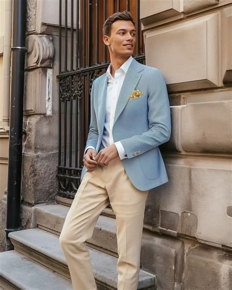 Pale Blue Blazer and Beige Pants | Hockerty