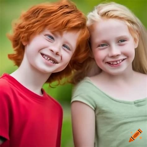 Smiling red-haired boy and blonde girl posing on Craiyon