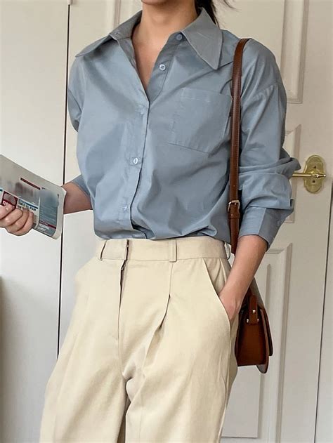 Drop Shoulder Pocket Patched Blouse | Women work blouse, Blue shirt ...