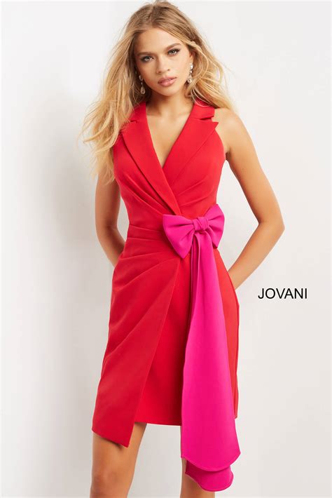 Jovani 07961 Red Fuchsia Knee Length V Neck Contemporary Dress | Jovani