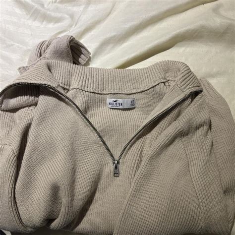 cream hollister quarter zip worn once fuzzy but i... - Depop