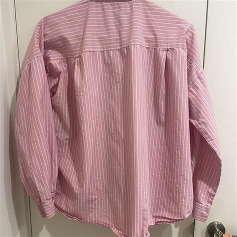 Zara pink and white stripe button up collared blouse... - Depop