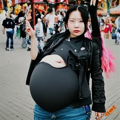 Photo of a Chinese pregnant woman with a punk style and a giant belly at a theme park on Craiyon