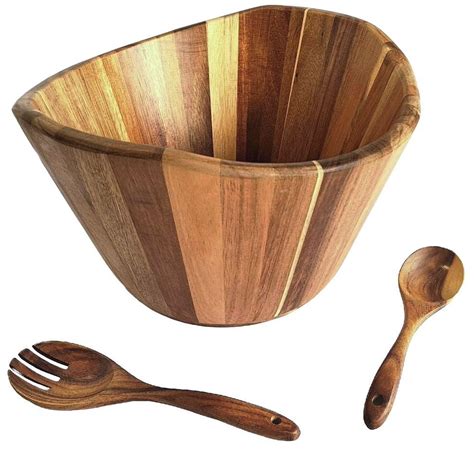 Acacia Wood Salad Bowl Set – 12" Large Wooden Salad Bowl with Wave ...