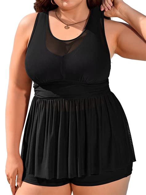 Asoul Plus Size Tankini Swim Dress, Flowy 2 Piece Bathing Suit, Tummy ...