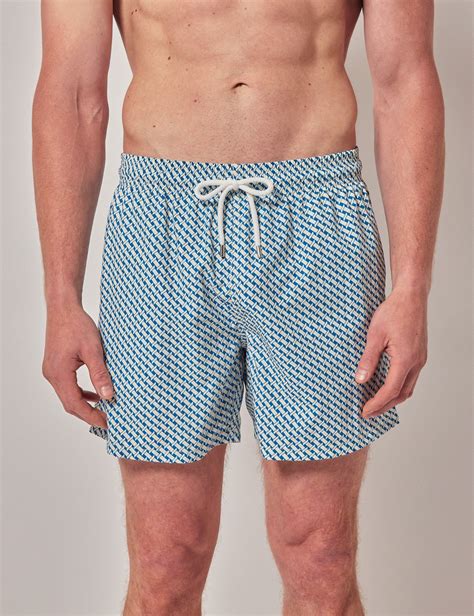 Men's Blue & White Geometric Swim Shorts | Hawes & Curtis
