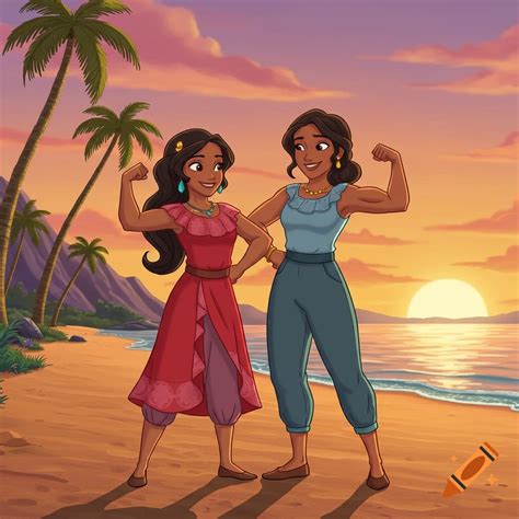 Cartoon women Elena and her mom flex muscles on a tropical beach at ...