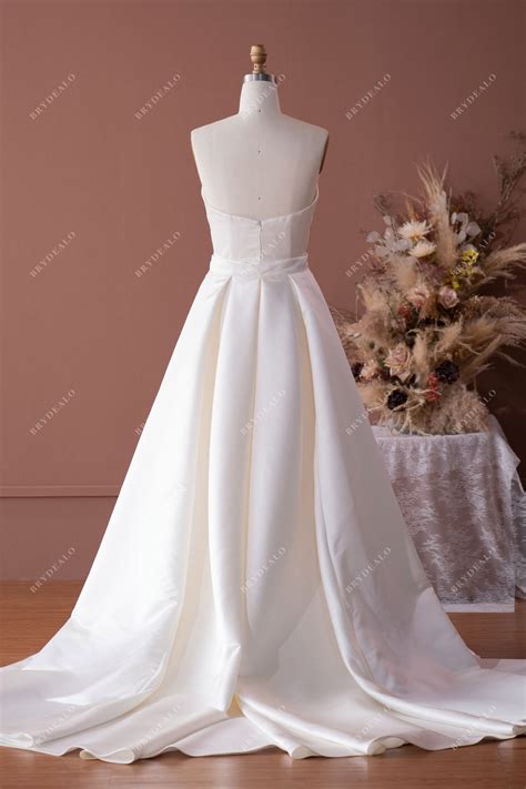 Classic V-cut Neck Satin Wedding Dress with Detachable Overskirt – BrydealoFactory