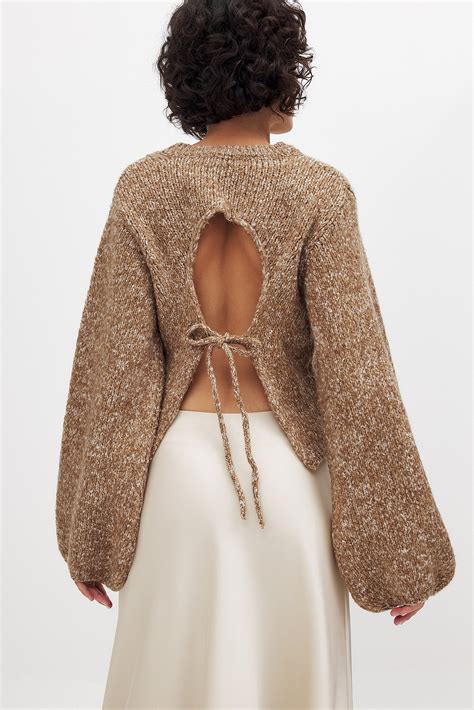 Knitted Open Back Balloon Sleeve Sweater Brown | NA-KD