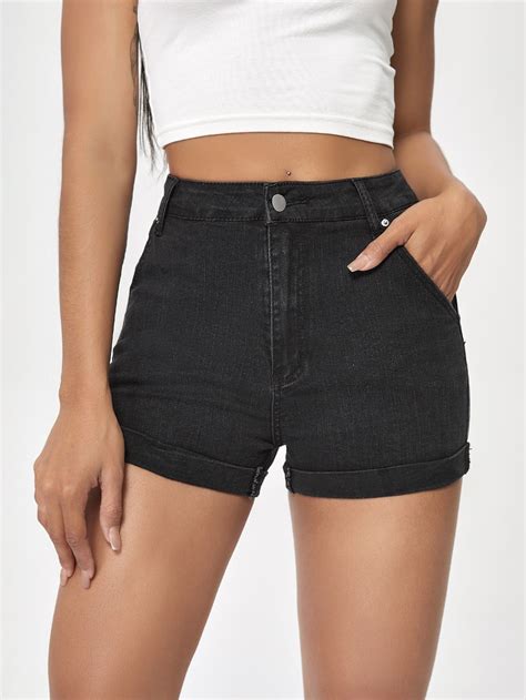 High Waist Roll Up Hem Denim Shorts | Black high waisted shorts, High ...