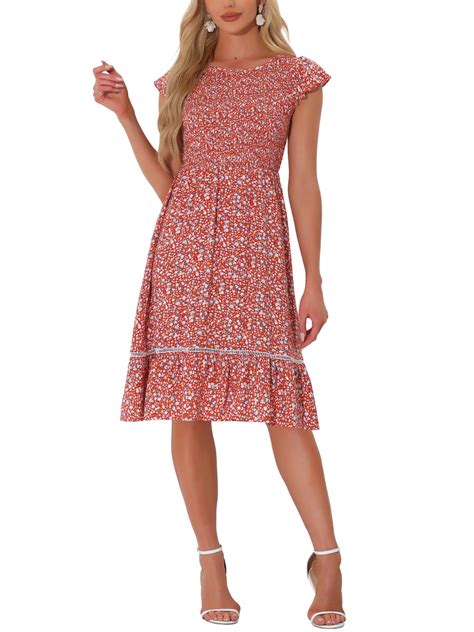 Allegra K Women's Floral Print Smocked Summer Sundress with Cap Sleeves ...