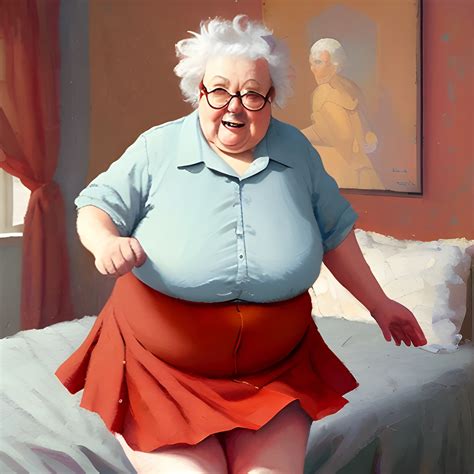 fat grandma, jumping on bed, short red Voile miniskirt, muted colors ...