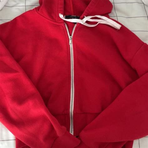 cropped red zip up perfect for summer layering... - Depop