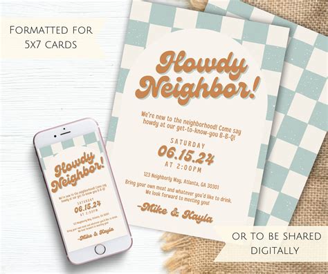 Howdy Neighbor Block Party Printable Invitation Template Digital Housewarming Invite Retro BBQ ...