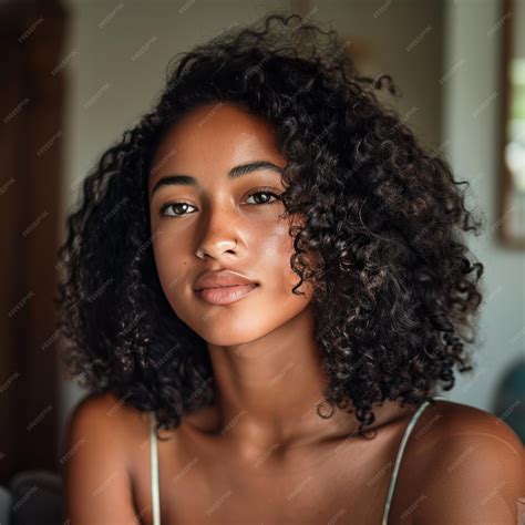 Portrait of a beautiful young black woman with curly hair looking at camera | Premium AI ...