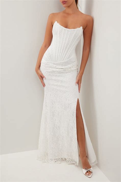 White strapless lace corset maxi dress