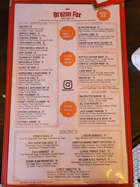 Menu at The Brazen Fox pub & bar, White Plains