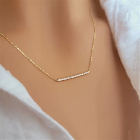14k Gold Diamond Bar Necklace, Pave Diamond Bar Necklace, Women ...