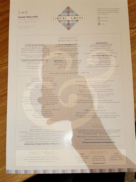 Menu at Checks & Greys cafe, Blackburn