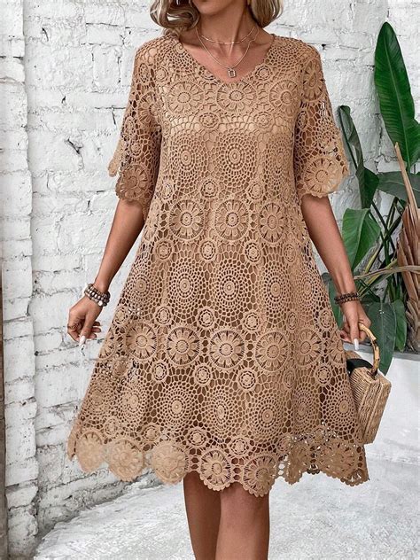 Women's Plain Crew Neck Short Sleeve Comfy Casual Lace Short Dress ...