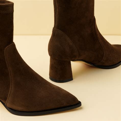 Chocolate Brown Suede Lower Block Sock Bootie - Ally Shoes