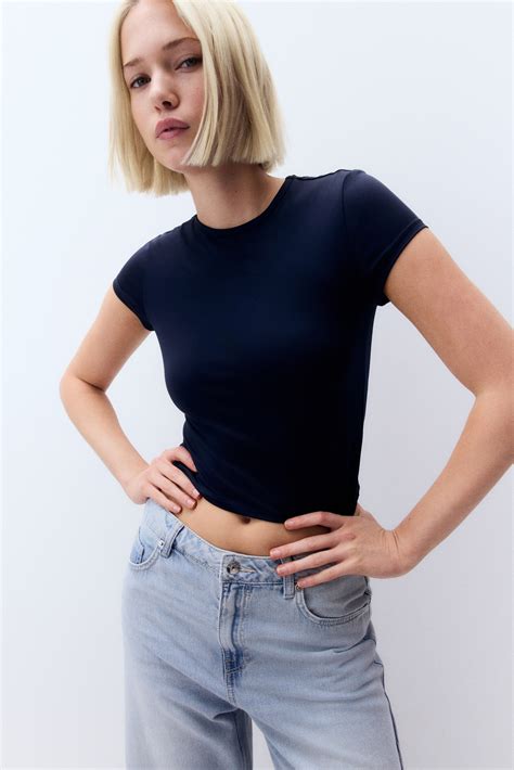 Fitted T-shirt - Navy blue - Ladies | H&M US